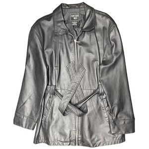 Junction West black leather jacket womens L zip front belted pockets classic